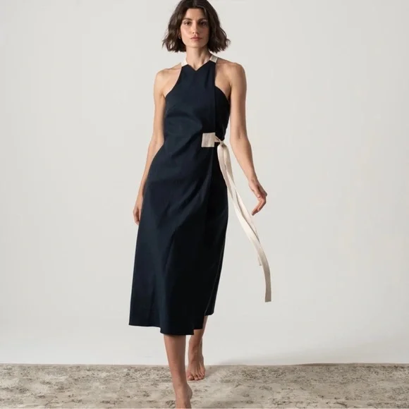 NWT! 🇵🇹 Linen LUXMII Zulu Midi Wrap Dress in Navy Luxury Made in Portugal - Picture 3 of 12